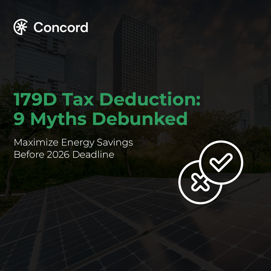 Concord Energy Strategies banner featuring the text '179D Tax Deduction: 9 Myths Debunked' and 'Maximize Energy Savings Before 2026 Deadline', with a dark background of urban buildings and solar panels, plus checkmark and cross icons.
