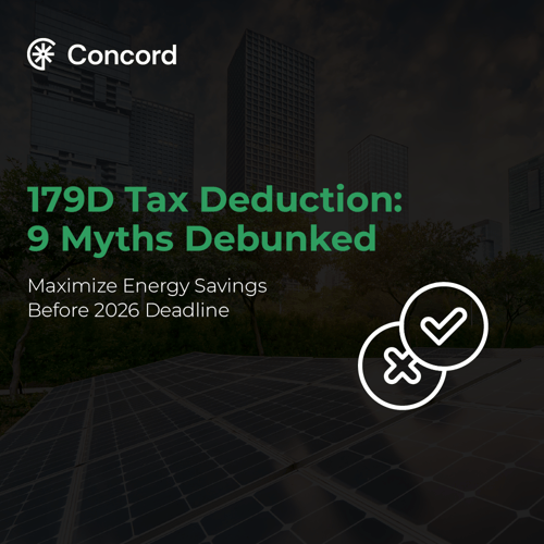 Concord Energy Strategies banner featuring the text '179D Tax Deduction: 9 Myths Debunked' and 'Maximize Energy Savings Before 2026 Deadline', with a dark background of urban buildings and solar panels, plus checkmark and cross icons.